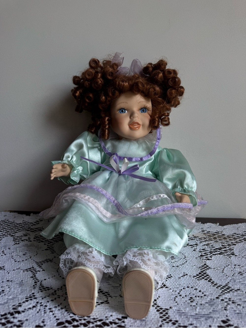 Collector’s Choice Doll Bisque Porcelain Mint Green, Purple & Lace Dandee Int.